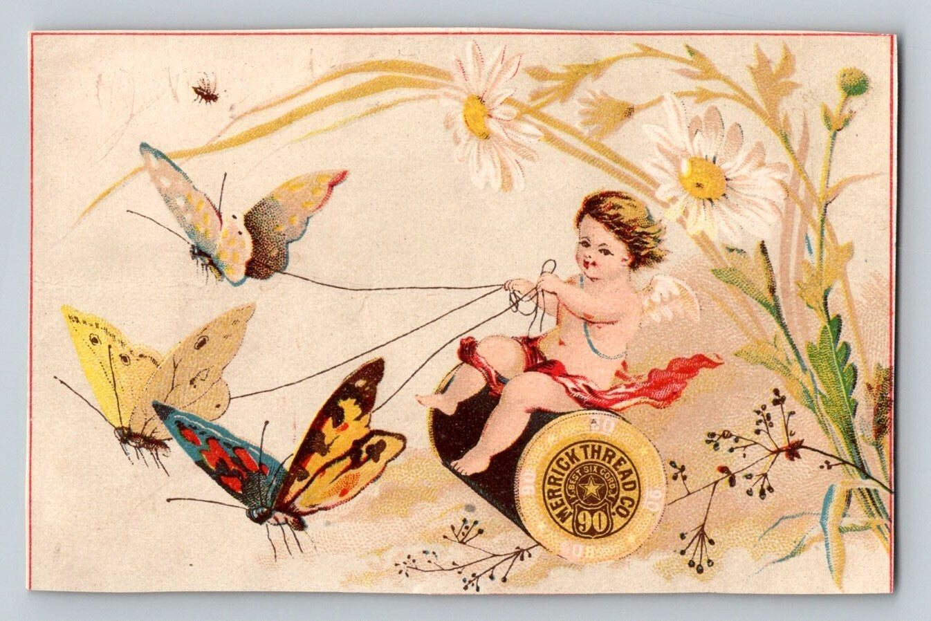 Merrick Thread cherub butterfly chariot sewing trade card 1890s floral illustration