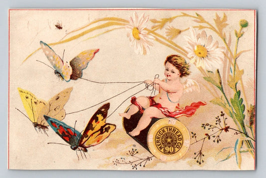 Merrick Thread cherub butterfly chariot sewing trade card 1890s floral illustration