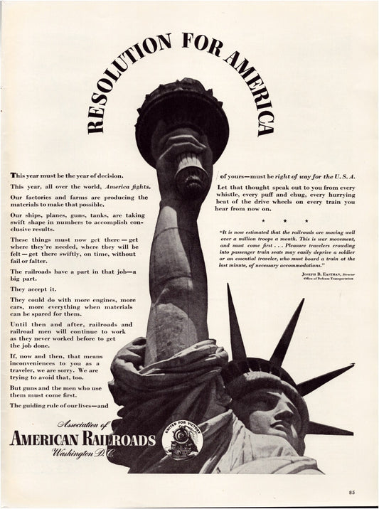 American Railroads wartime advertisement Statue of Liberty 1943 print ad