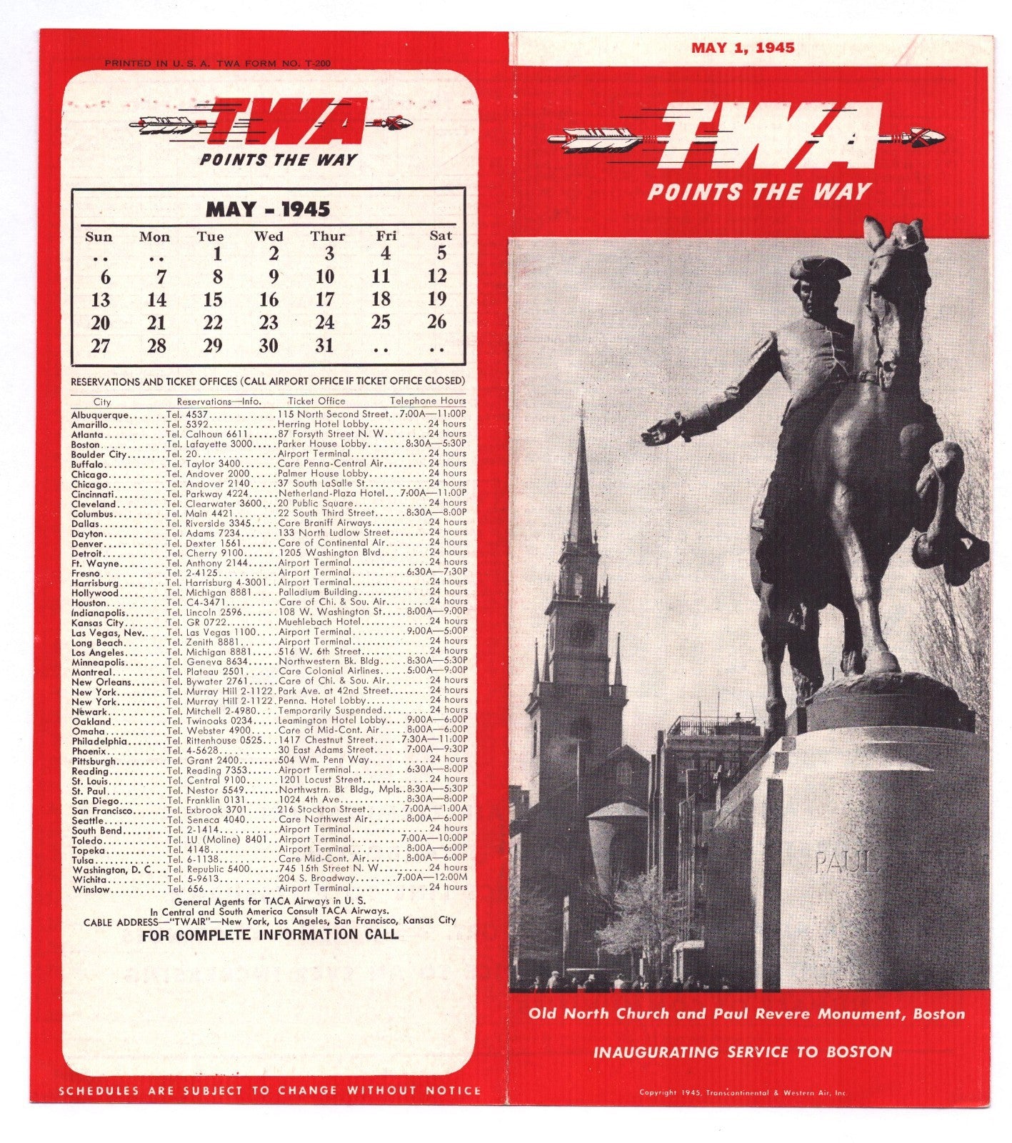1945 TWA Trans World Airlines system timetable brochure featuring red and white design, Paul Revere statue, Old North Church, and May 1945 calendar