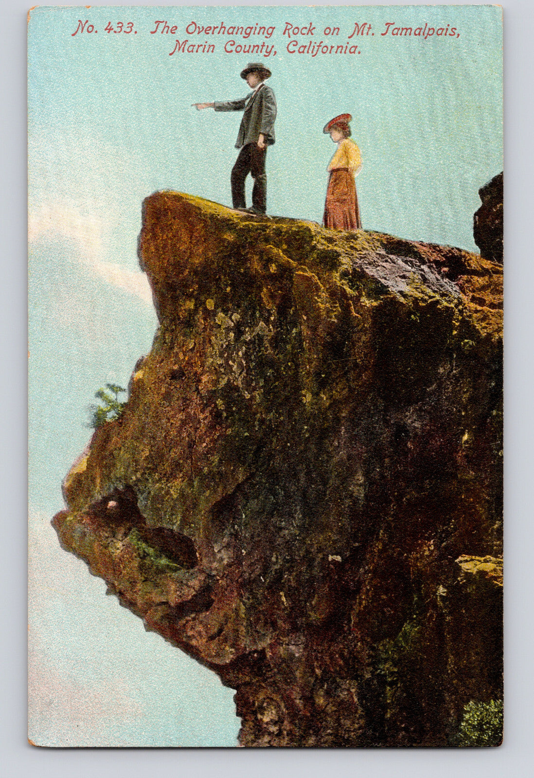 Mount Tamalpais California overhanging rock formation with two figures standing at cliff edge 1910s postcard