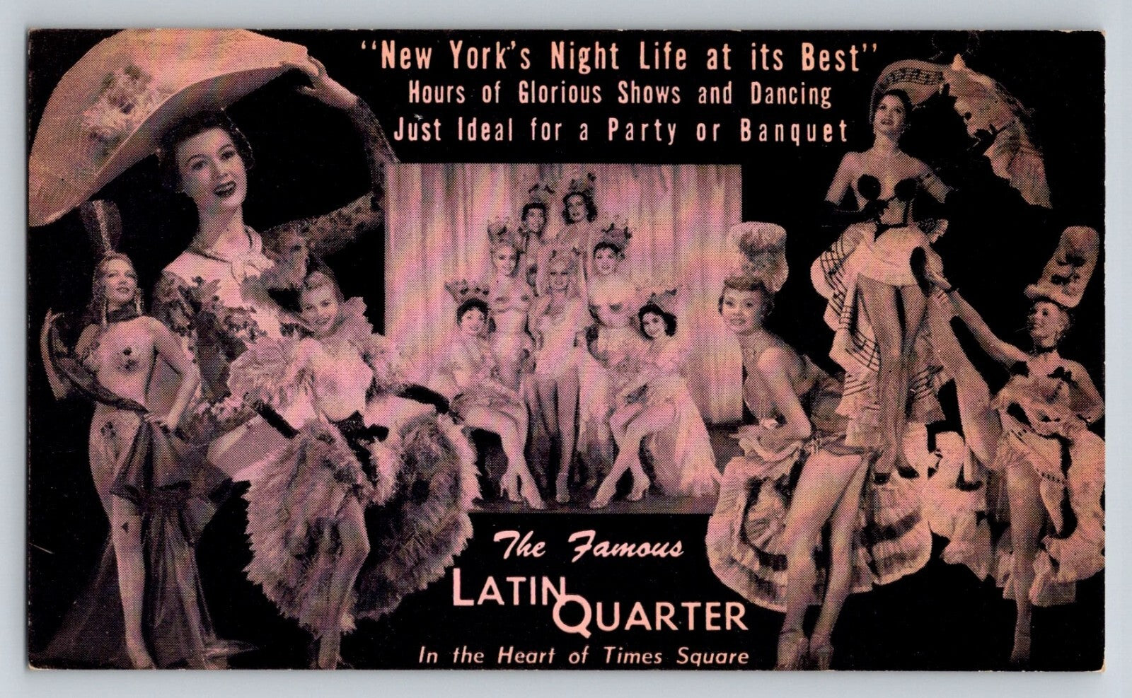 New York City Latin Quarter nightclub stage show with chorus line dancers in elaborate costumes and Times Square advertising slogan backdrop