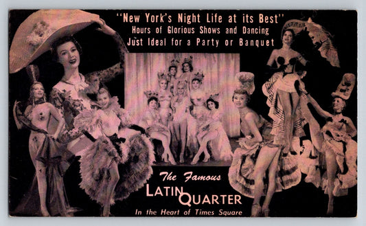 New York City Latin Quarter nightclub stage show with chorus line dancers in elaborate costumes and Times Square advertising slogan backdrop