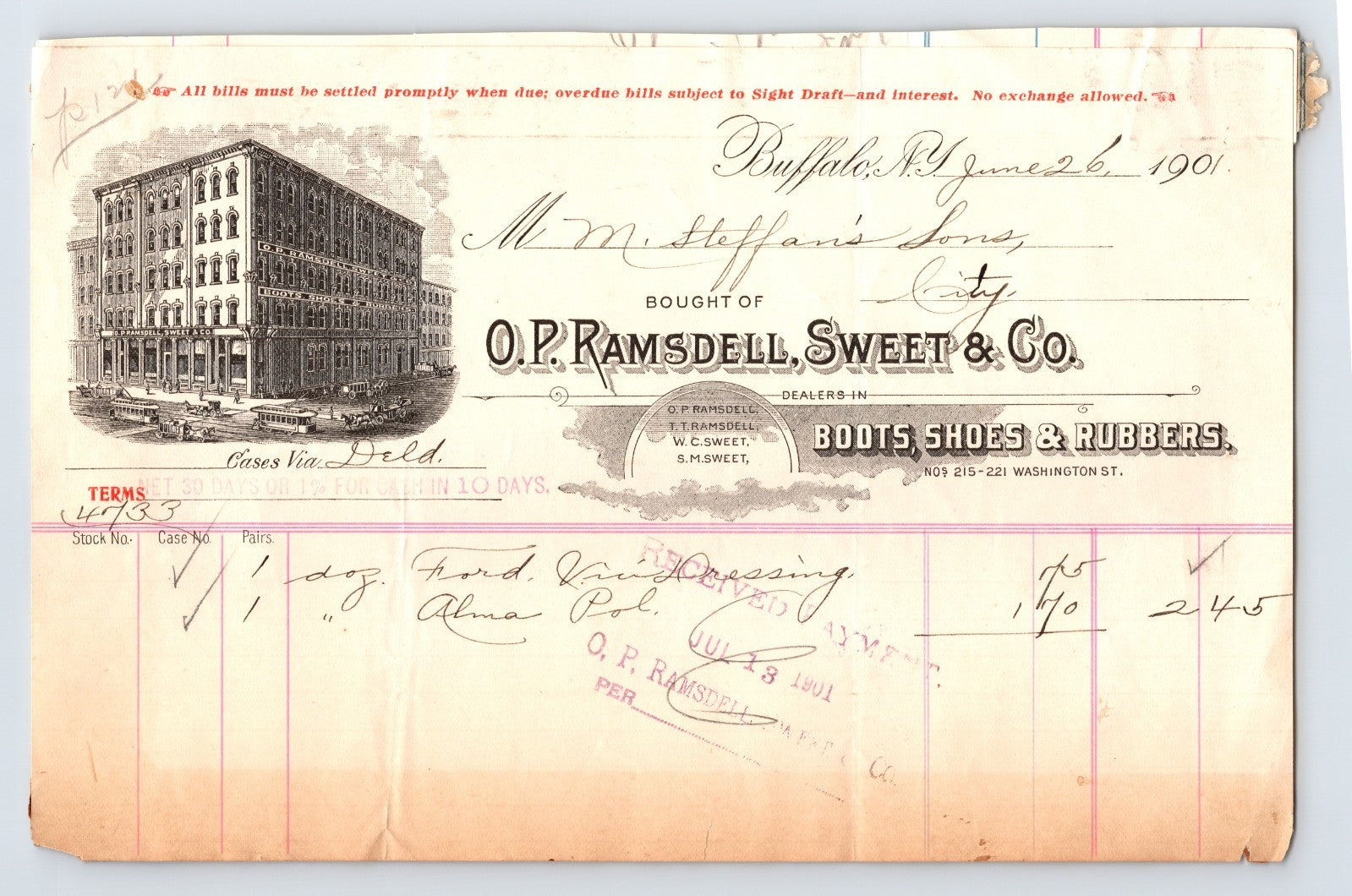 Buffalo New York Ramsdell Sweet boots shoes rubbers 1901 billhead business document