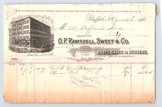 Buffalo New York Ramsdell Sweet boots shoes rubbers 1901 billhead business document