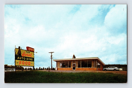 Negaunee Michigan Hoist Auto Dine restaurant with roadside sign and parked car 1960s chrome postcard