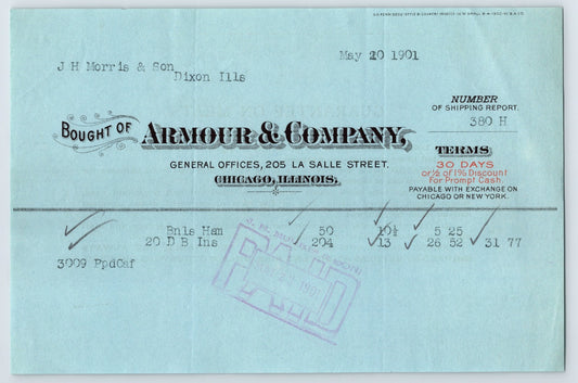 Chicago Illinois Armour Company 1901 meat packing invoice billhead blue document