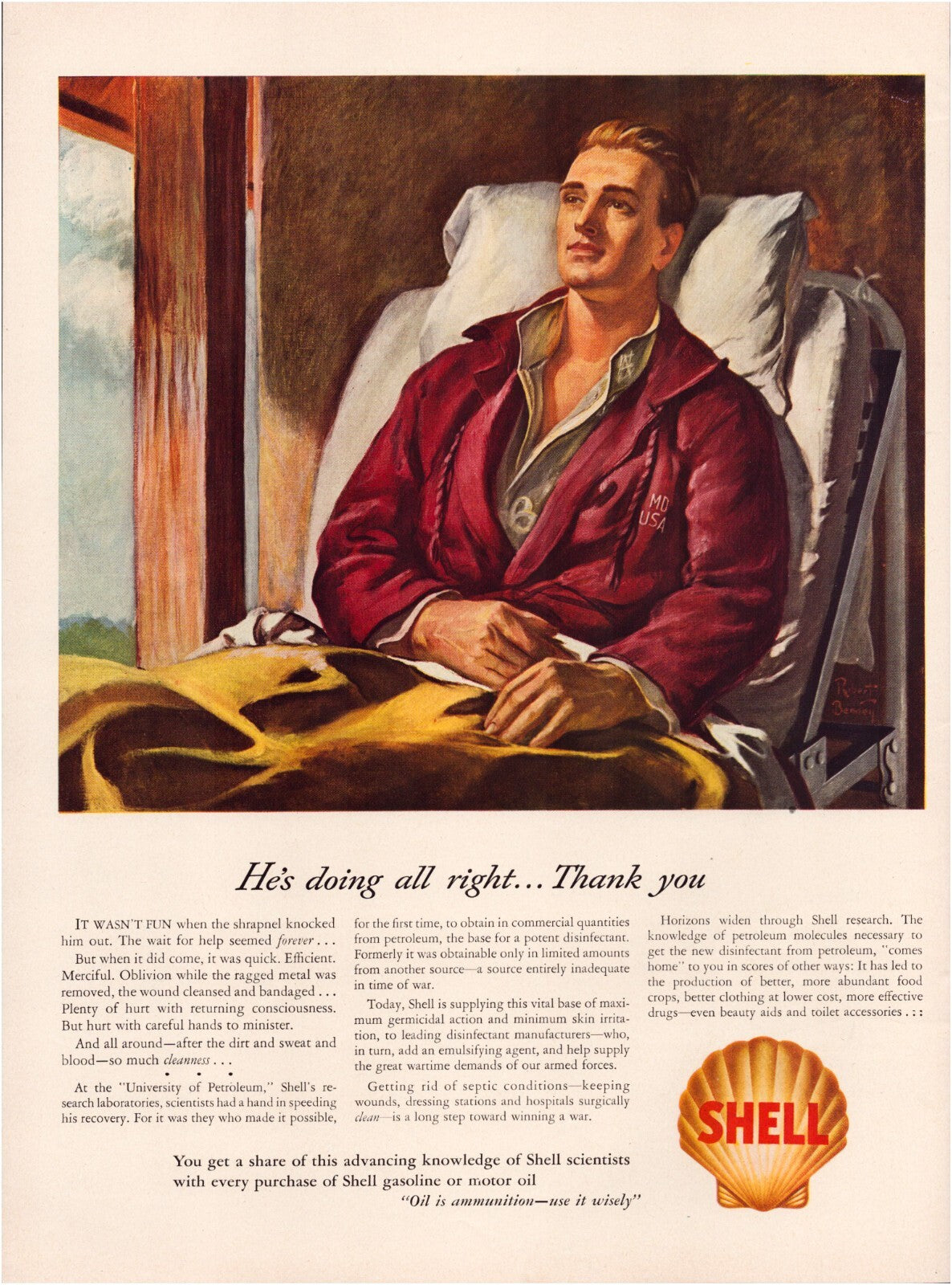 1942 Shell Oil advertisement showing wounded soldier in hospital bed with Purple Heart theme and patriotic message