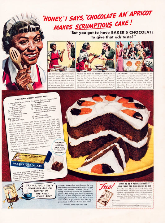 Bakers Chocolate 1940 apricot cake recipe advertisement chocolate cake vintage baking print ad