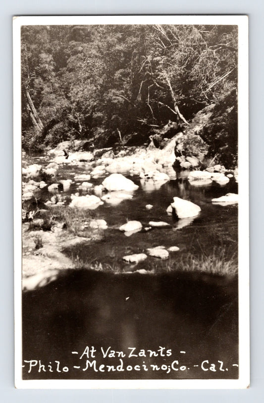 At Van Zandts fishing camp creek scene Philo California RPPC 1920s