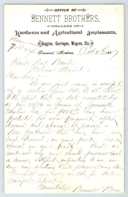 1897 Townsend Montana Bennett Brothers Hardware Agricultural Implements Billhead handwritten legal correspondence regarding unpaid promissory note on cream paper