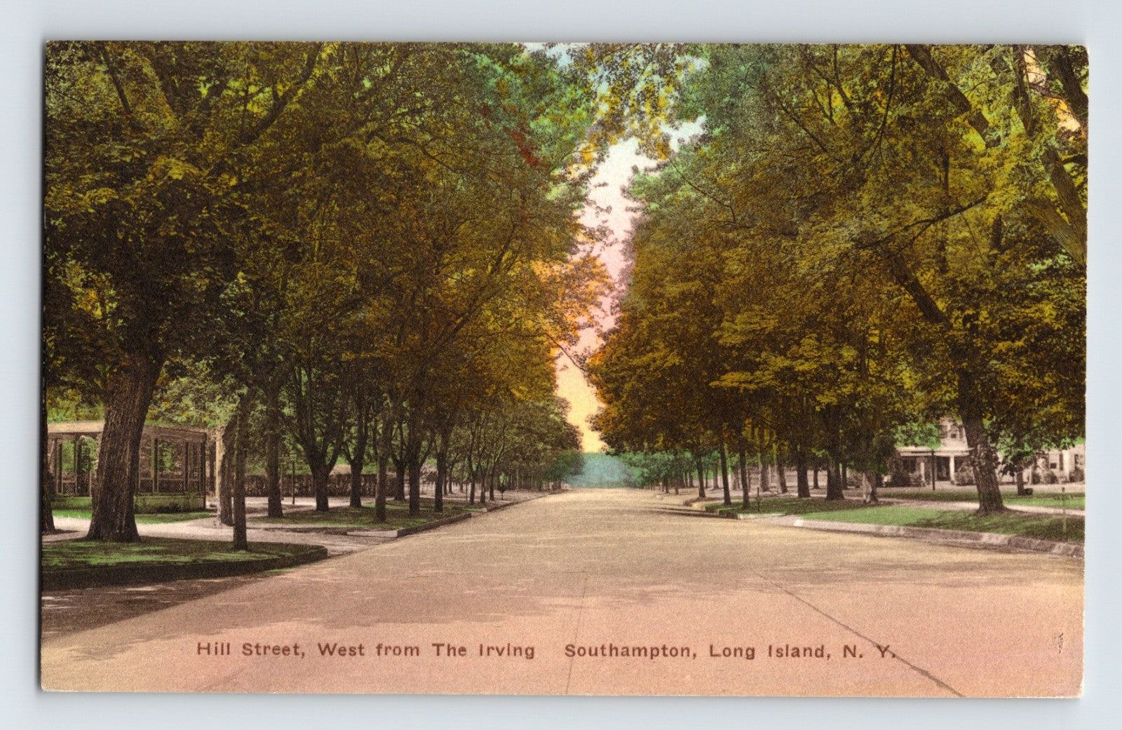Southampton Long Island Hill Street west from Irving tree lined road 1930s postcard