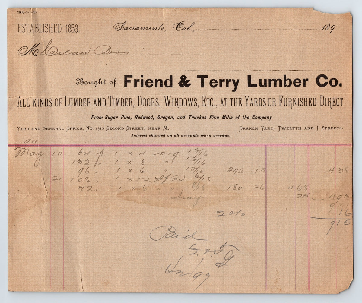 Sacramento California Friend Terry Lumber billhead 1890s handwritten ledger document