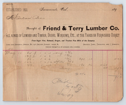 Sacramento California Friend Terry Lumber billhead 1890s handwritten ledger document