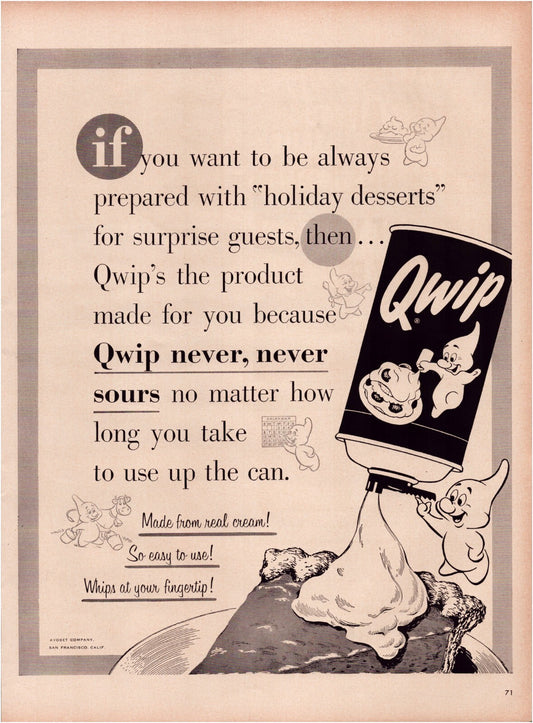 Qwip canned whipped cream 1954 dessert topping print advertisement