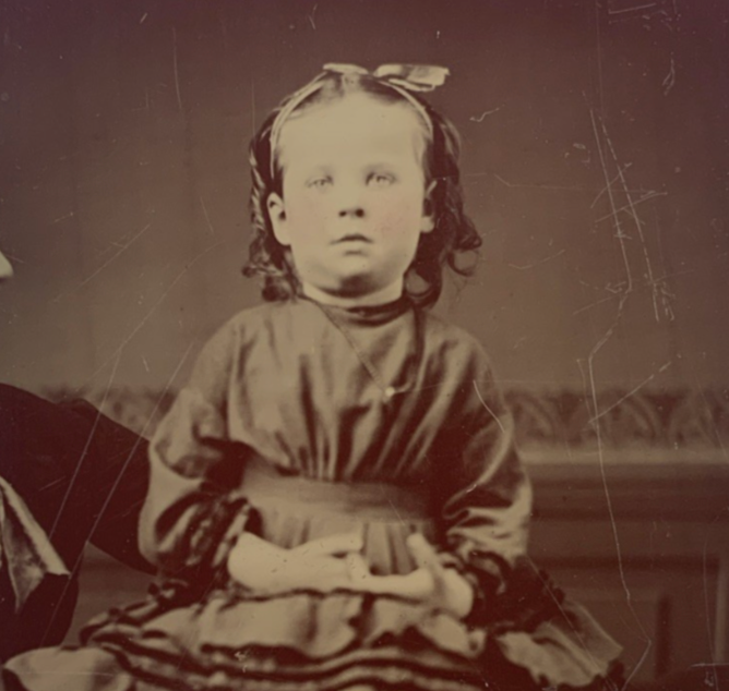 Tintype Photograph Deceased Little Girl Striped Leggings Unusual Sixth-Plate