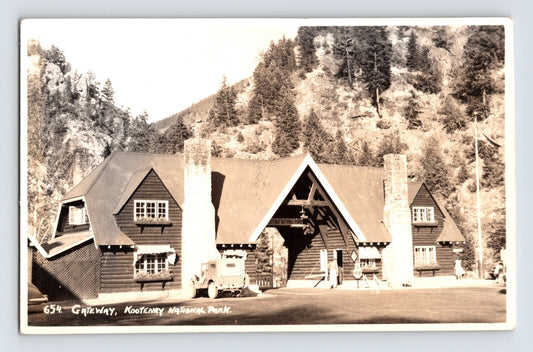 Kootenay National Park entrance gate lodge British Columbia jeep real photo postcard
