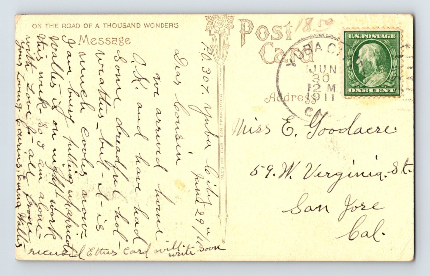 Marysville California Rideout Hospital 1911 Postcard Posted Divided