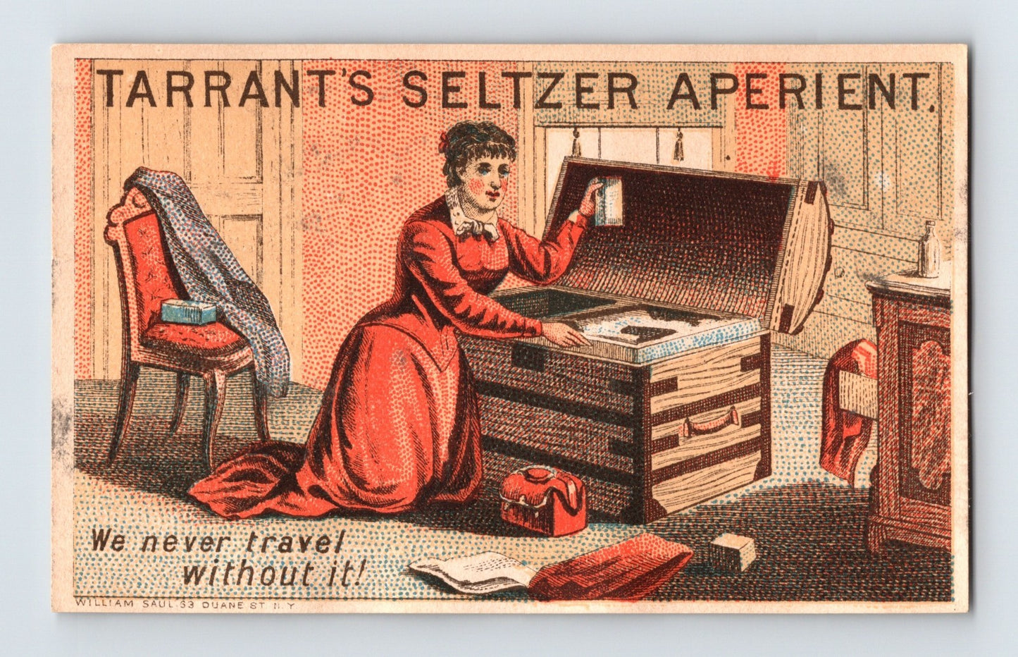 Tarrant's Seltzer Aperient Travel Trunk 1890s Victorian Trade Card - 2.5 x 4