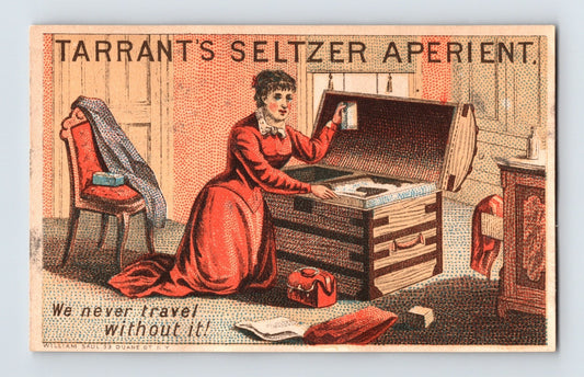 Tarrant's Seltzer Aperient Travel Trunk 1890s Victorian Trade Card - 2.5 x 4