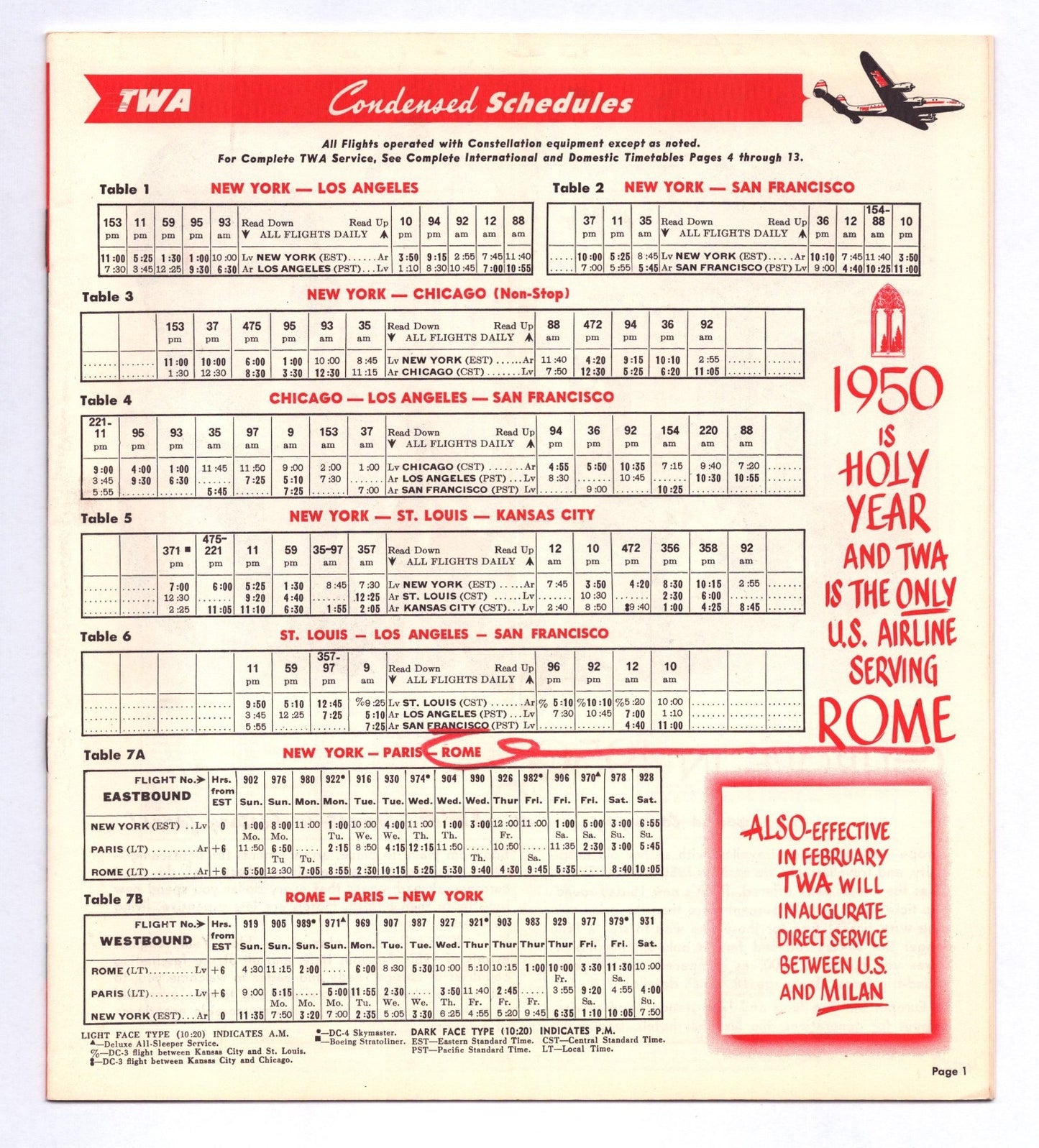 TWA Trans World Airlines 1950 Rome St. Peter System Time Table Brochure Booklet