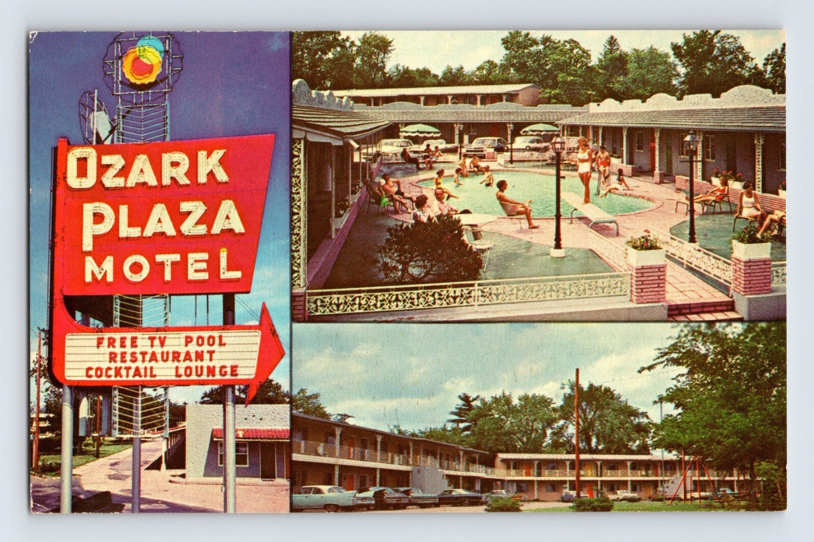St Louis Missouri Ozark Plaza Motel pool courtyard Route 66 1960s postcard