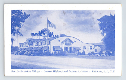 Sunrise Bavarian Village Bellmore Long Island New York roadside complex with cars and signage postcard
