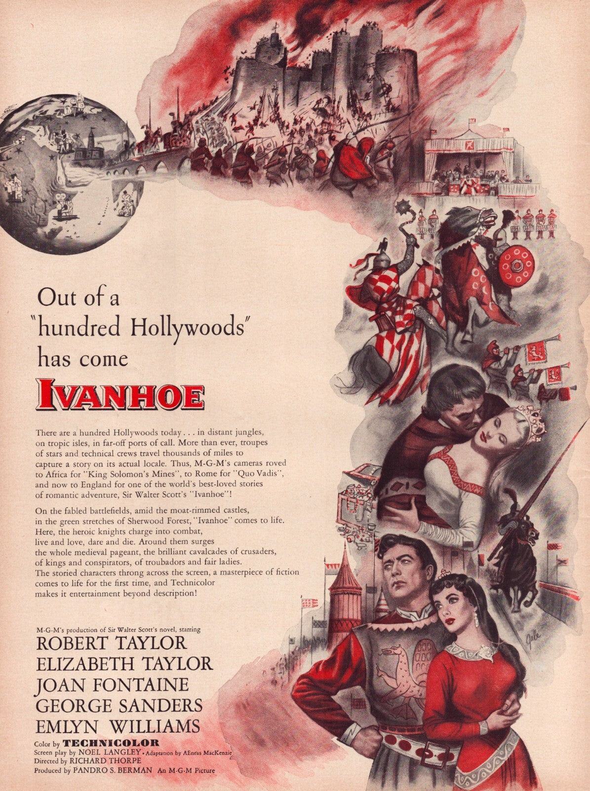1952 Ivanhoe film print ad featuring Elizabeth Taylor and Robert Taylor medieval scenes knights castle battle illustration full page magazine ad