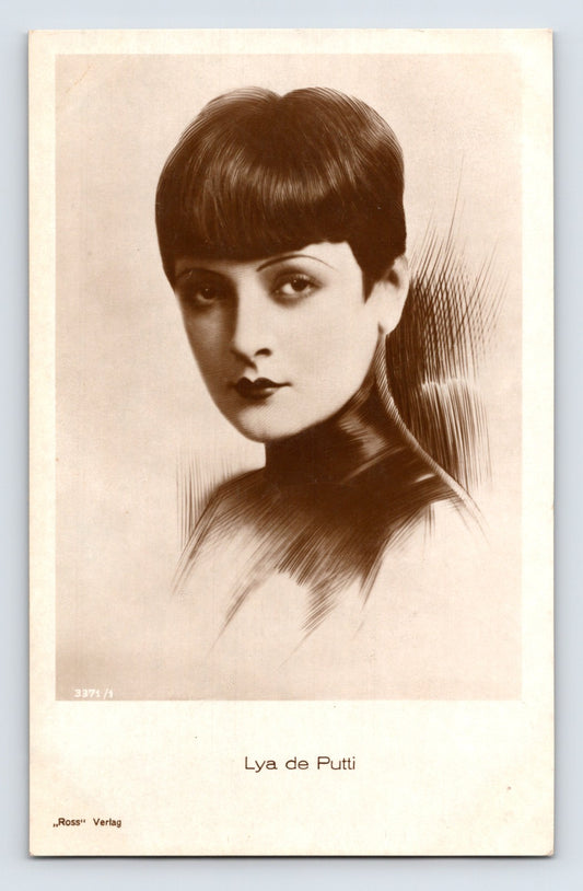 Sepia-tone artistic portrait postcard of silent film actress Lya de Putti featuring a stylized bob hairstyle and dramatic studio illustration aesthetic.