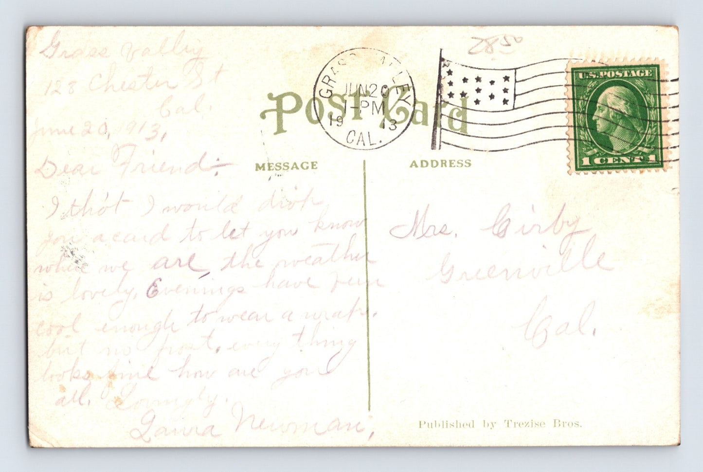Grass Valley California School House 1913 Postcard Posted Divided Back