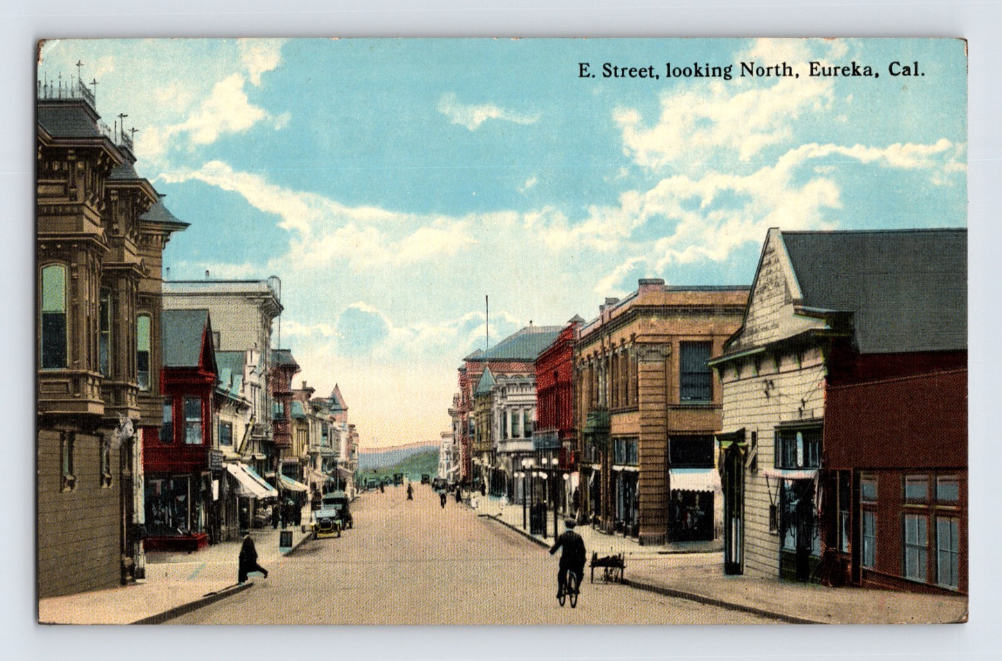 Postcard California Eureka CA E Street Downtown Bicycle 1910s Unposted Divided