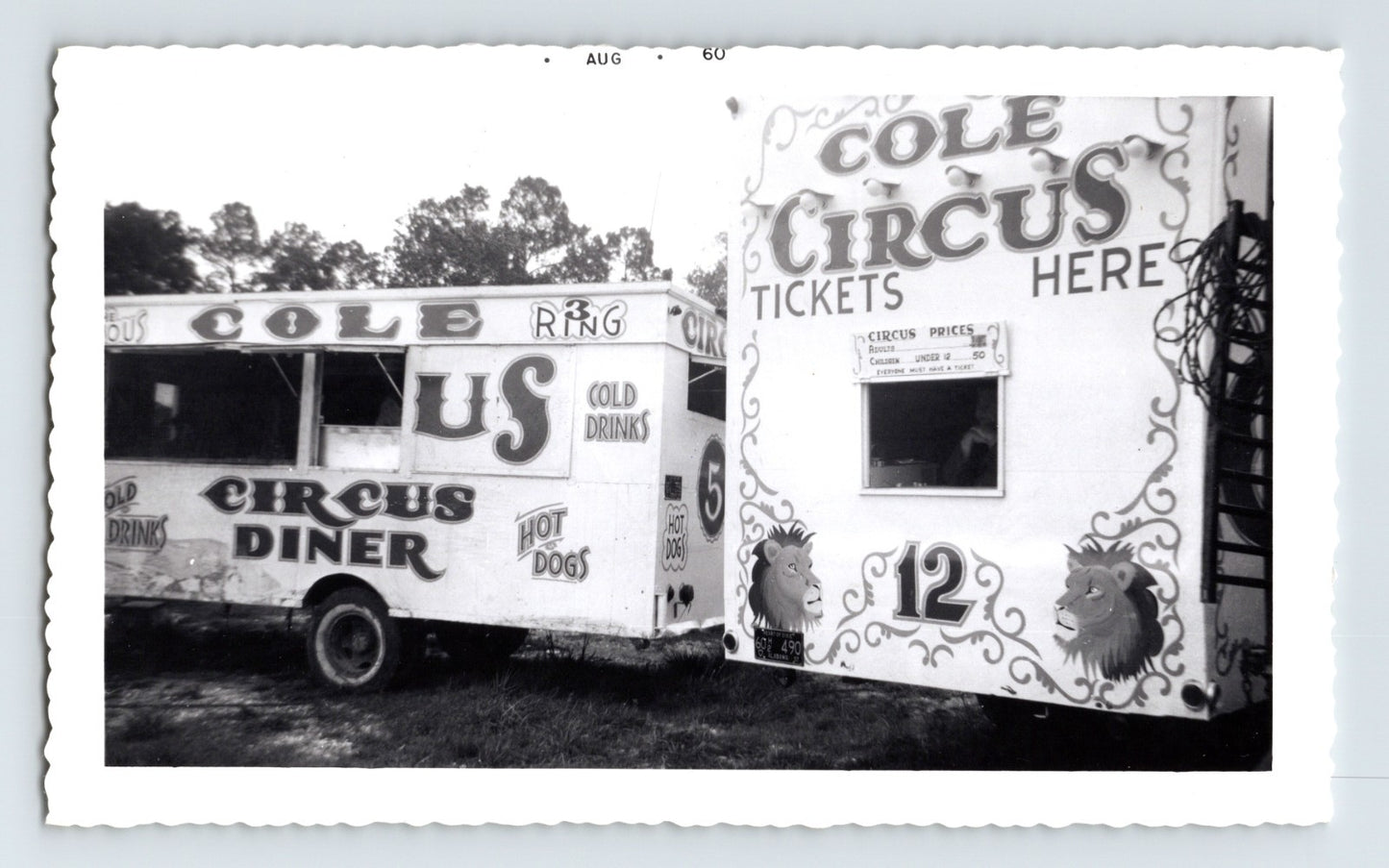 Cole Circus diner truck and ticket booth trailer signage hot dogs cold drinks 1960 photo