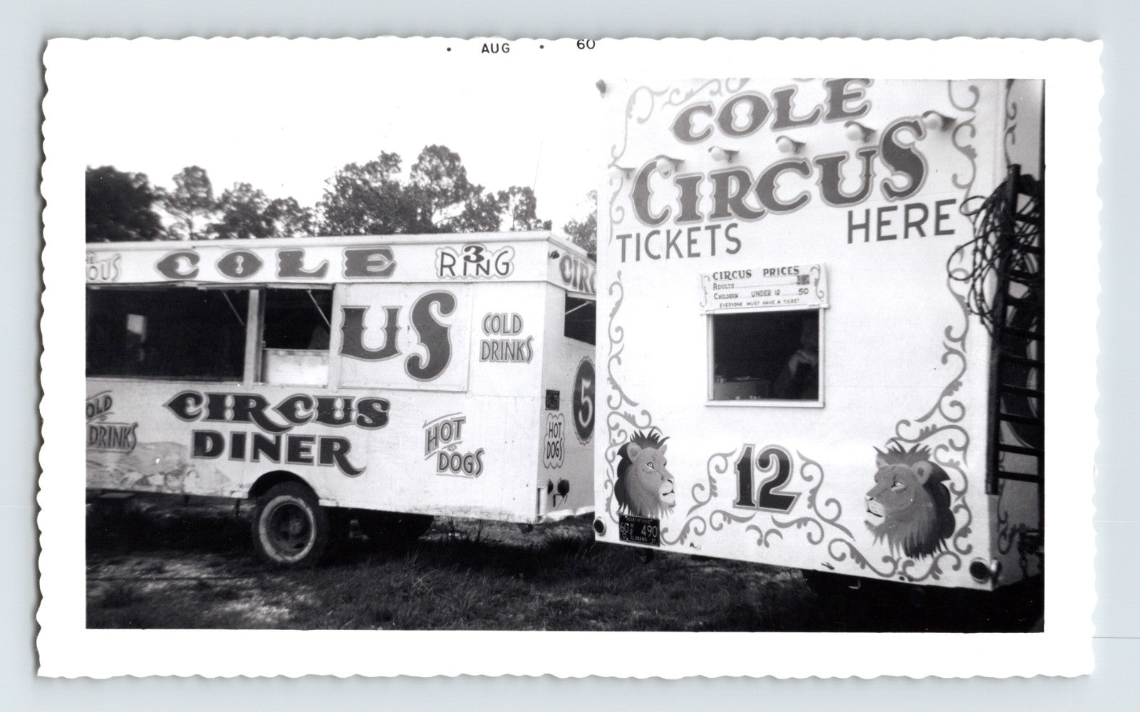 Cole Circus diner truck and ticket booth trailer signage hot dogs cold drinks 1960 photo