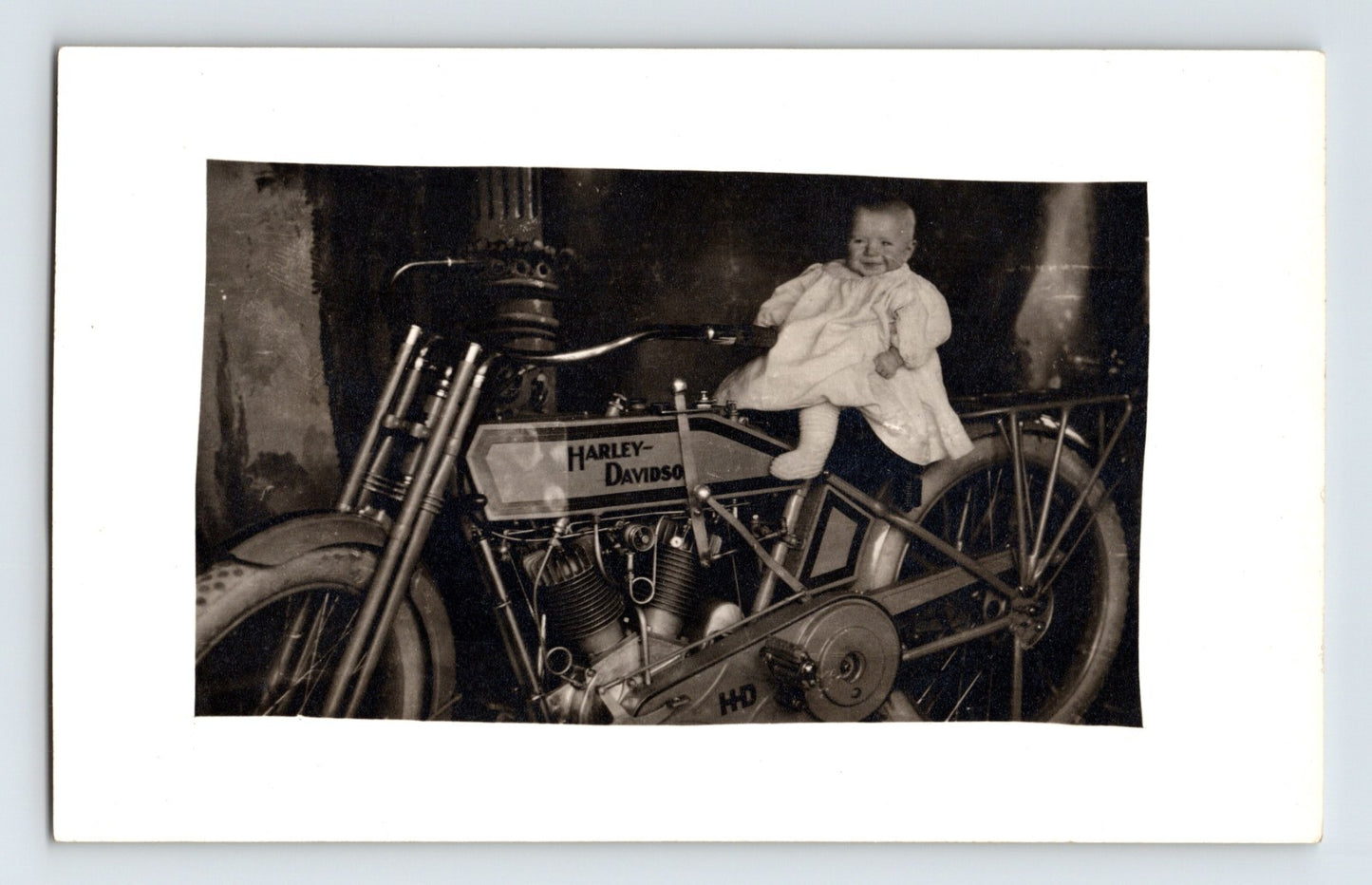 Harley Davidson 11F Motorcycle 1915 Cute Baby 1910s RPPC Postcard