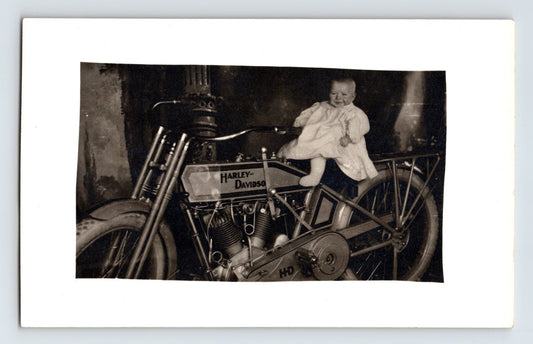 Harley Davidson 11F Motorcycle 1915 Cute Baby 1910s RPPC Postcard