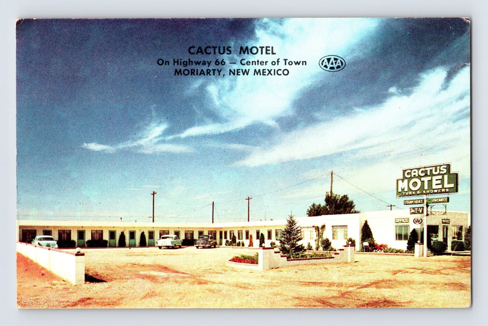 Moriarity New Mexico Route 66 Cactus Motel roadside sign courtyard 1950s chrome postcard