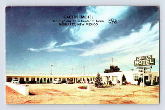 Moriarity New Mexico Route 66 Cactus Motel roadside sign courtyard 1950s chrome postcard