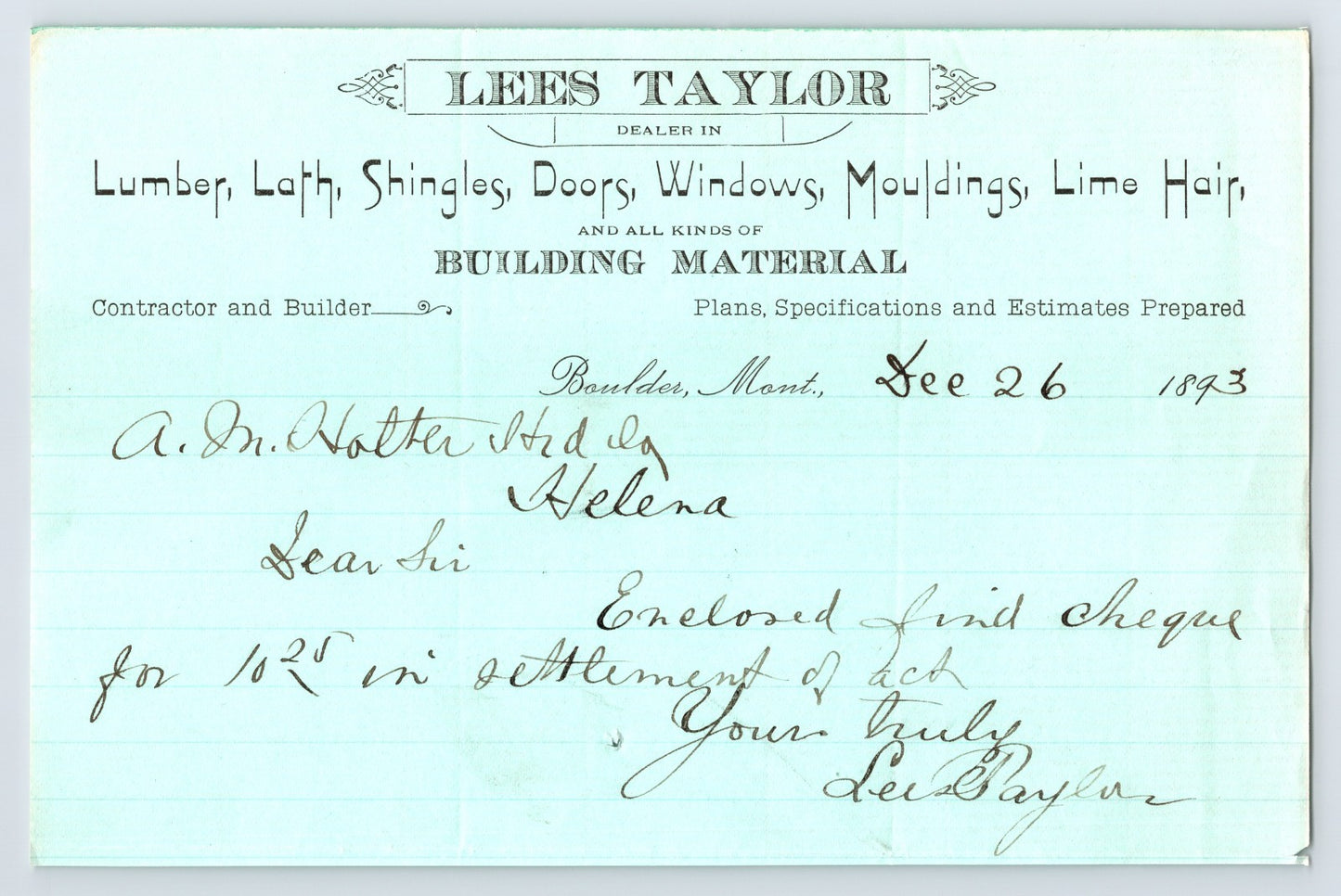 1893 Boulder Montana Lees Taylor Lumber Building Material Contractor Billhead handwritten letter to Helena 8 x 5.5
