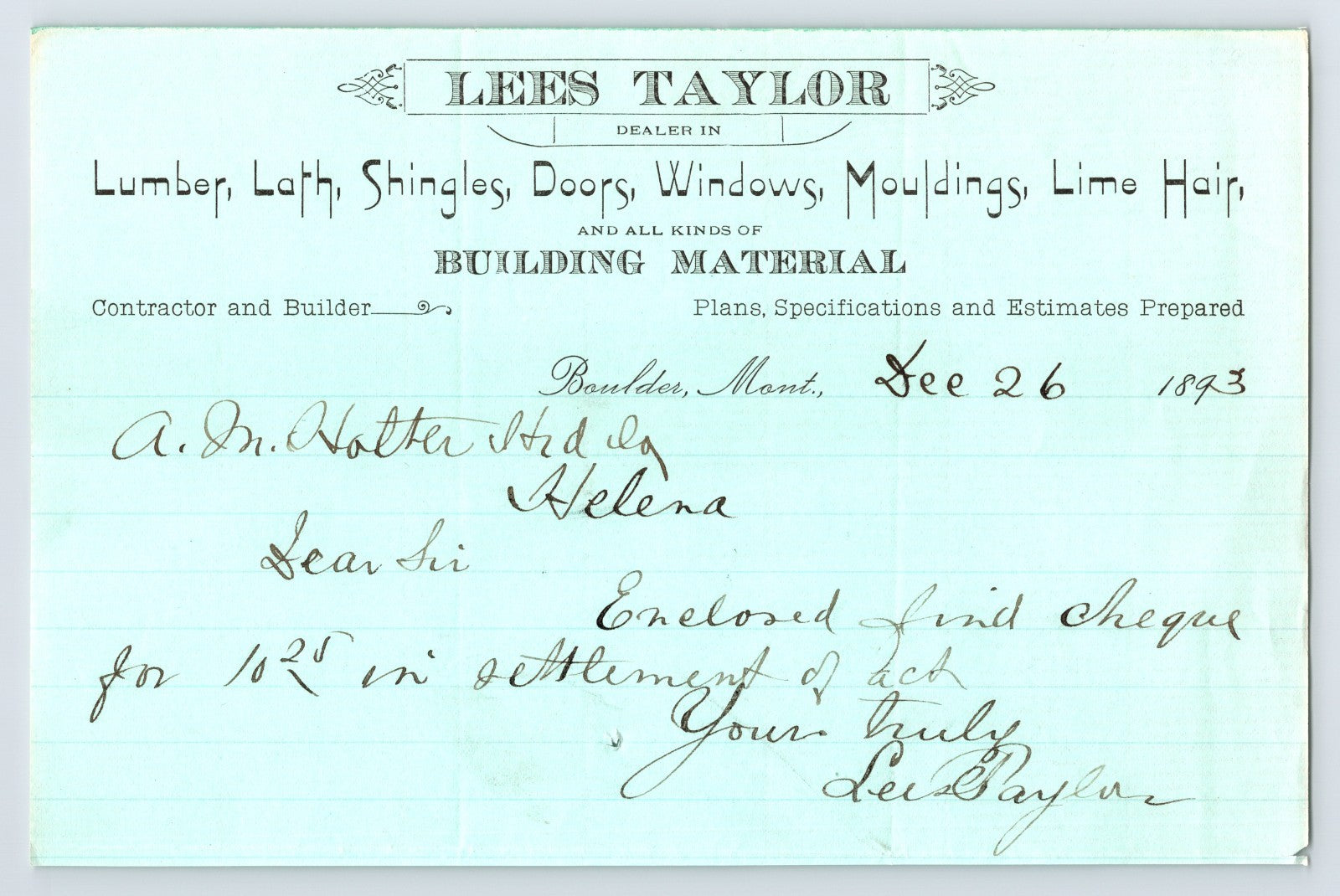 1893 Boulder Montana Lees Taylor Lumber Building Material Contractor Billhead handwritten letter to Helena 8 x 5.5