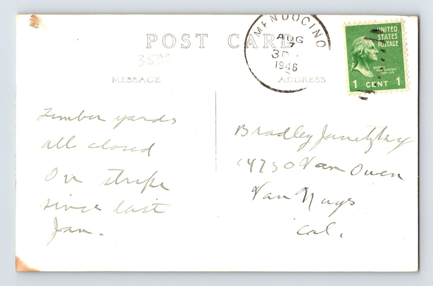 Fort Bragg California Union Lumber Mill 1946 Postcard RPPC Posted