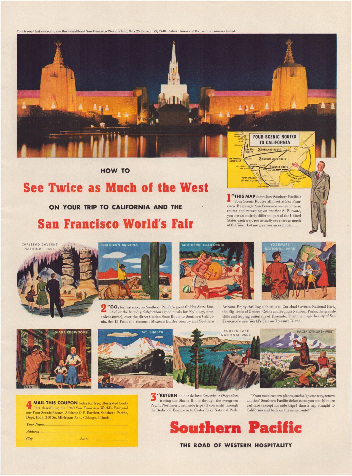 Southern Pacific Railroad 1940 Print Ad Full Page 10.5 x 13.5