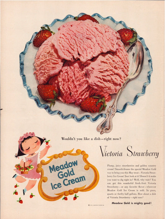 Meadow Gold Ice Cream 1953 Victoria Strawberry Full Page Print Ad 10.5 x 13.5
