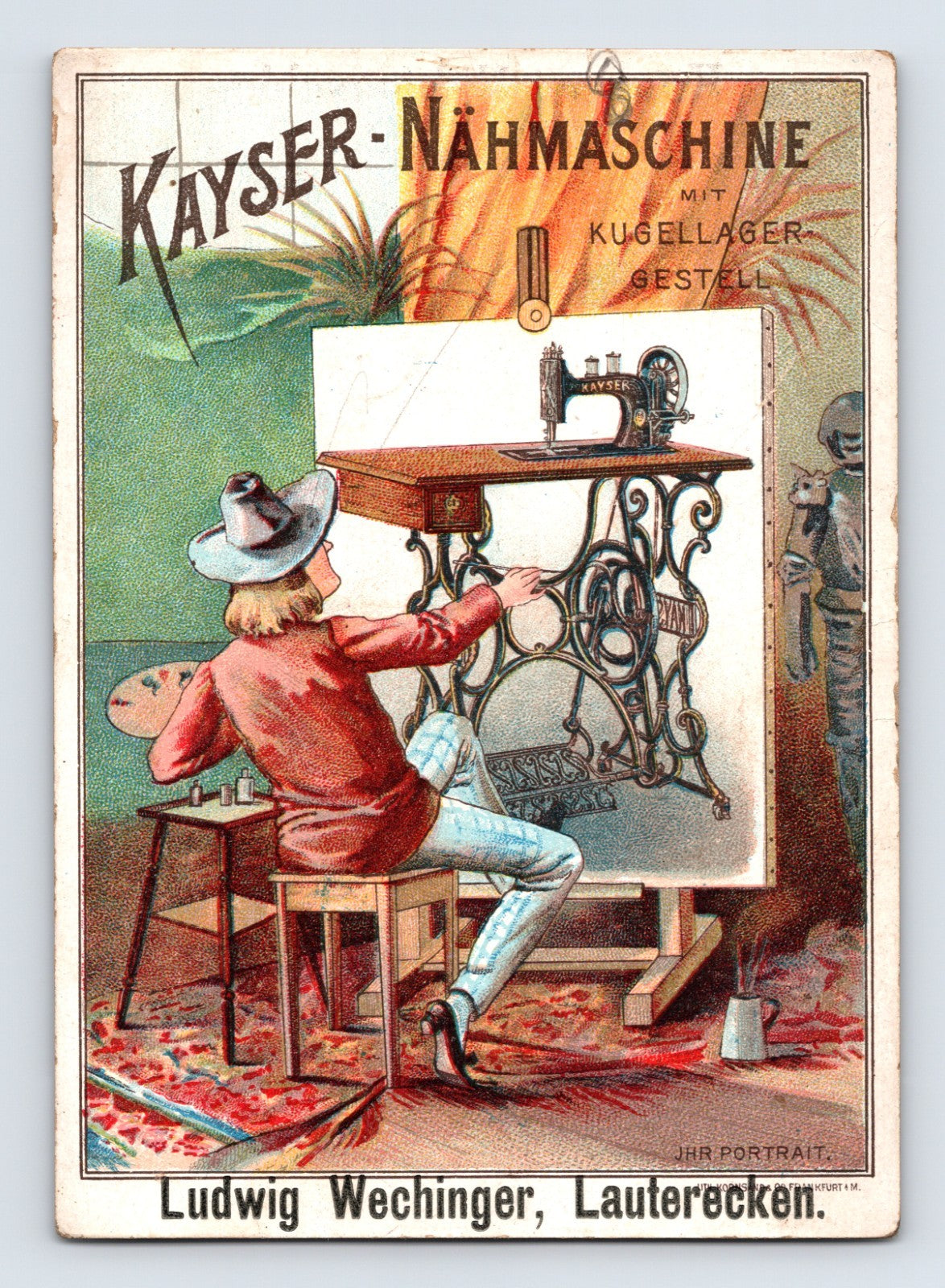 Kayser sewing machine trade card showing artist painting treadle machine display, colorful German chromolithograph advertising mechanical design