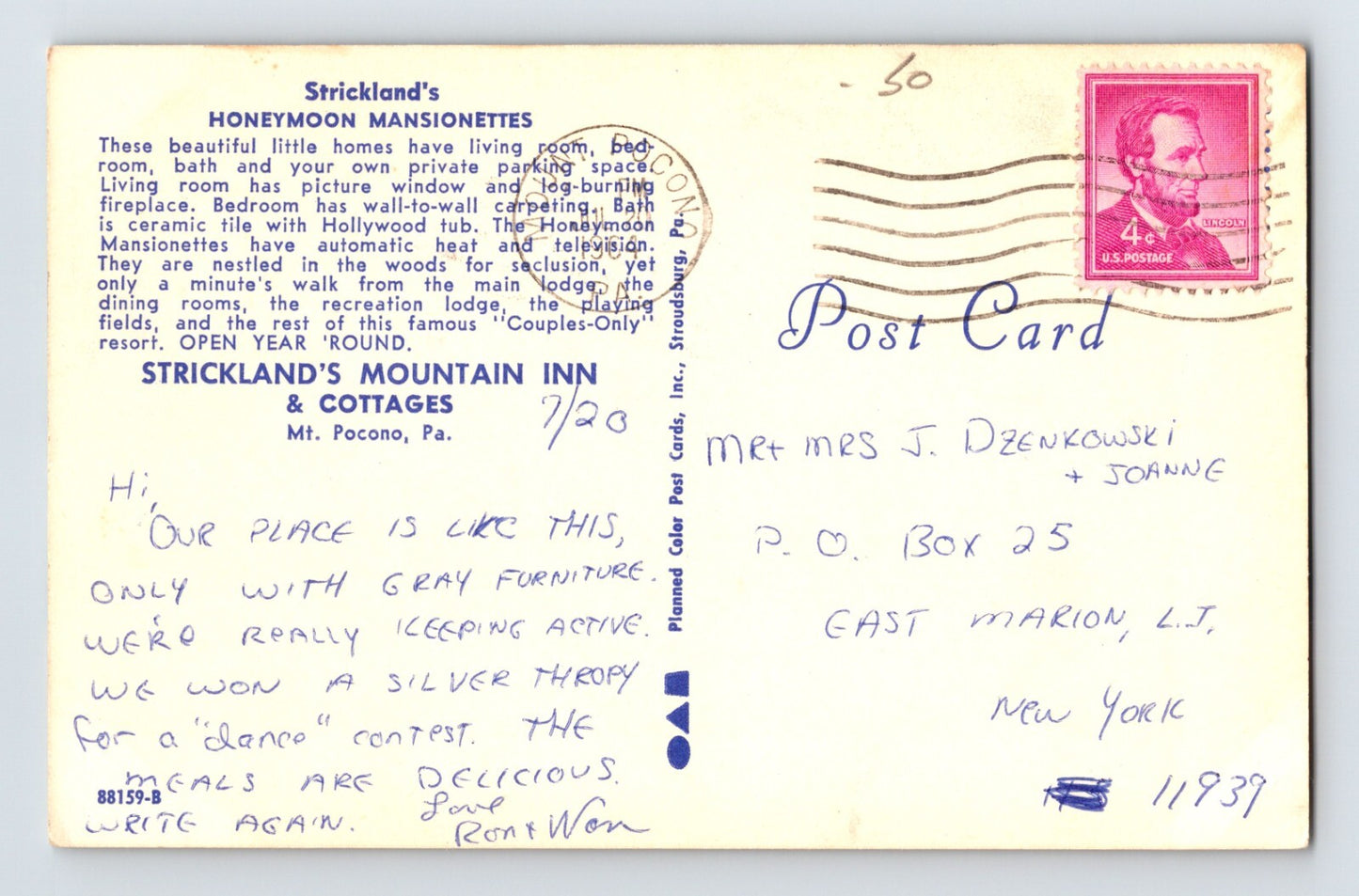 Mt Pocono Pennsylvania Strickland Inn Hotel Honeymoon TV 1961 Postcard Chrome