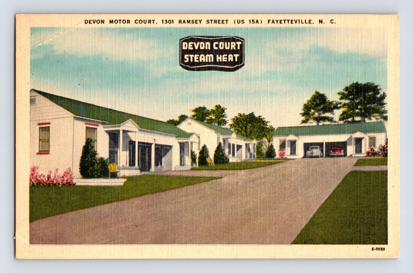 Fayetteville North Carolina Devon Motor Court 1940s linen postcard with motel units driveway and garages