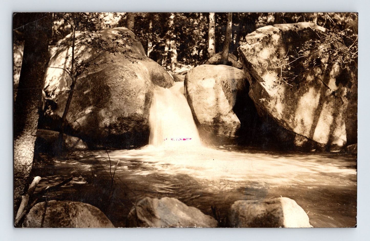 California Pine Flat CA Hot Springs waterfall between granite boulders sepia real photo postcard