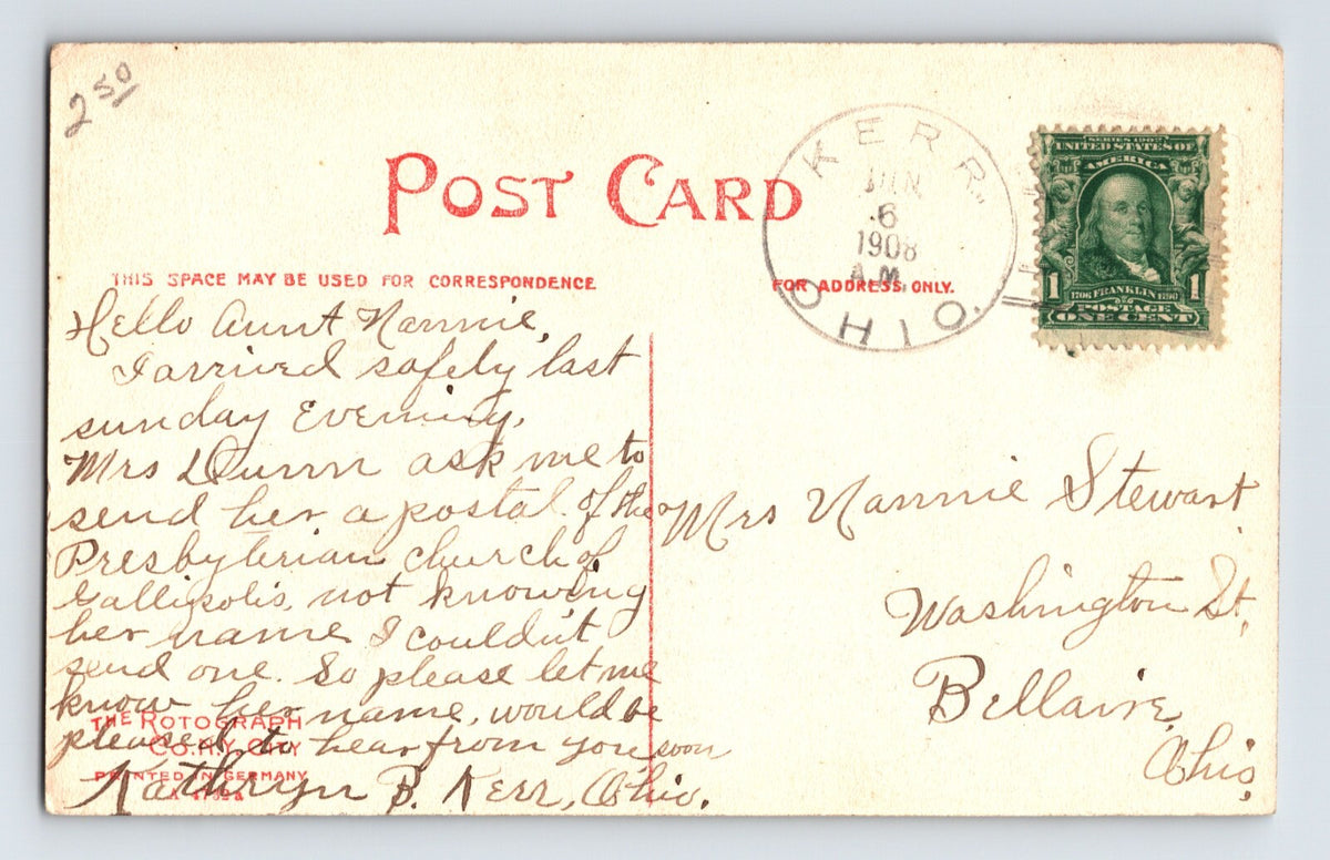 Gallipolis Ohio First Presbyterian Church 1908 Postcard Posted Divided Back