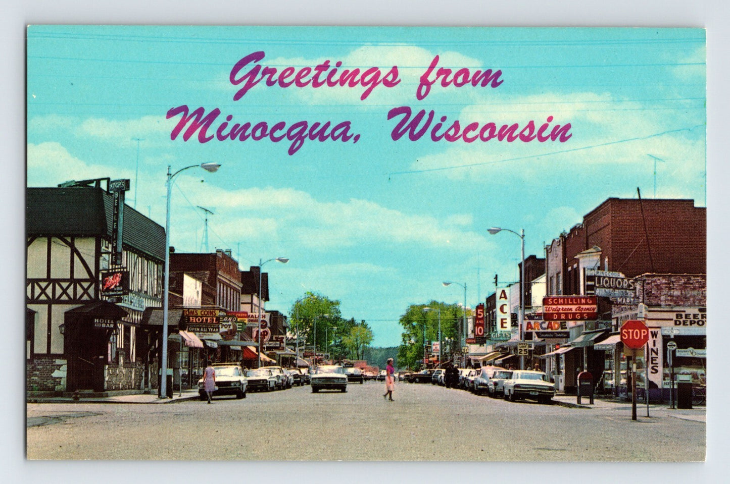 Downtown Minocqua Wisconsin 1960s chrome postcard with Ace Arcade Coins storefront and Main Street view