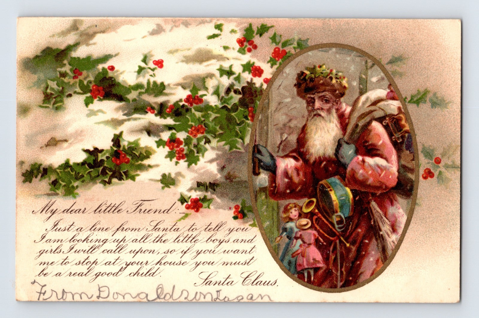 Santa Claus holly berries toy sack 1907 Christmas postcard embossed greeting