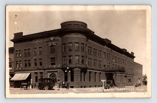Albert Lea Minnesota hotel corner building early automobiles street scene 1922 real photo postcard
